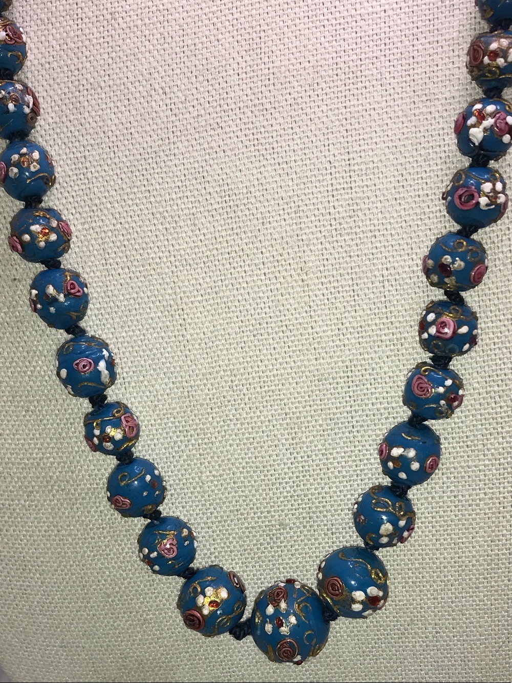 Vintage Wedding Cake Graduated Blue Bead Necklace with Pink and White Accents
